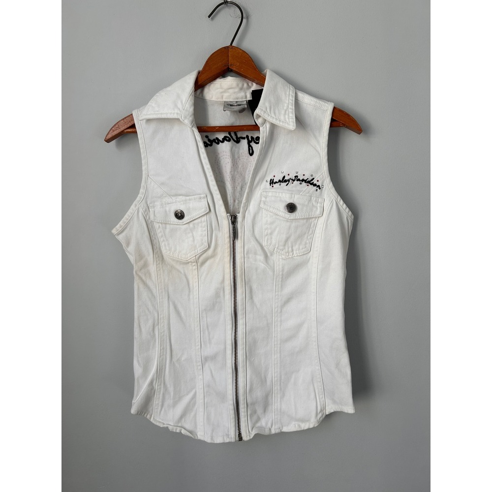 Harley-Davidson White Denim Vest Rhinestone Winged Heart Lace Up Back Small